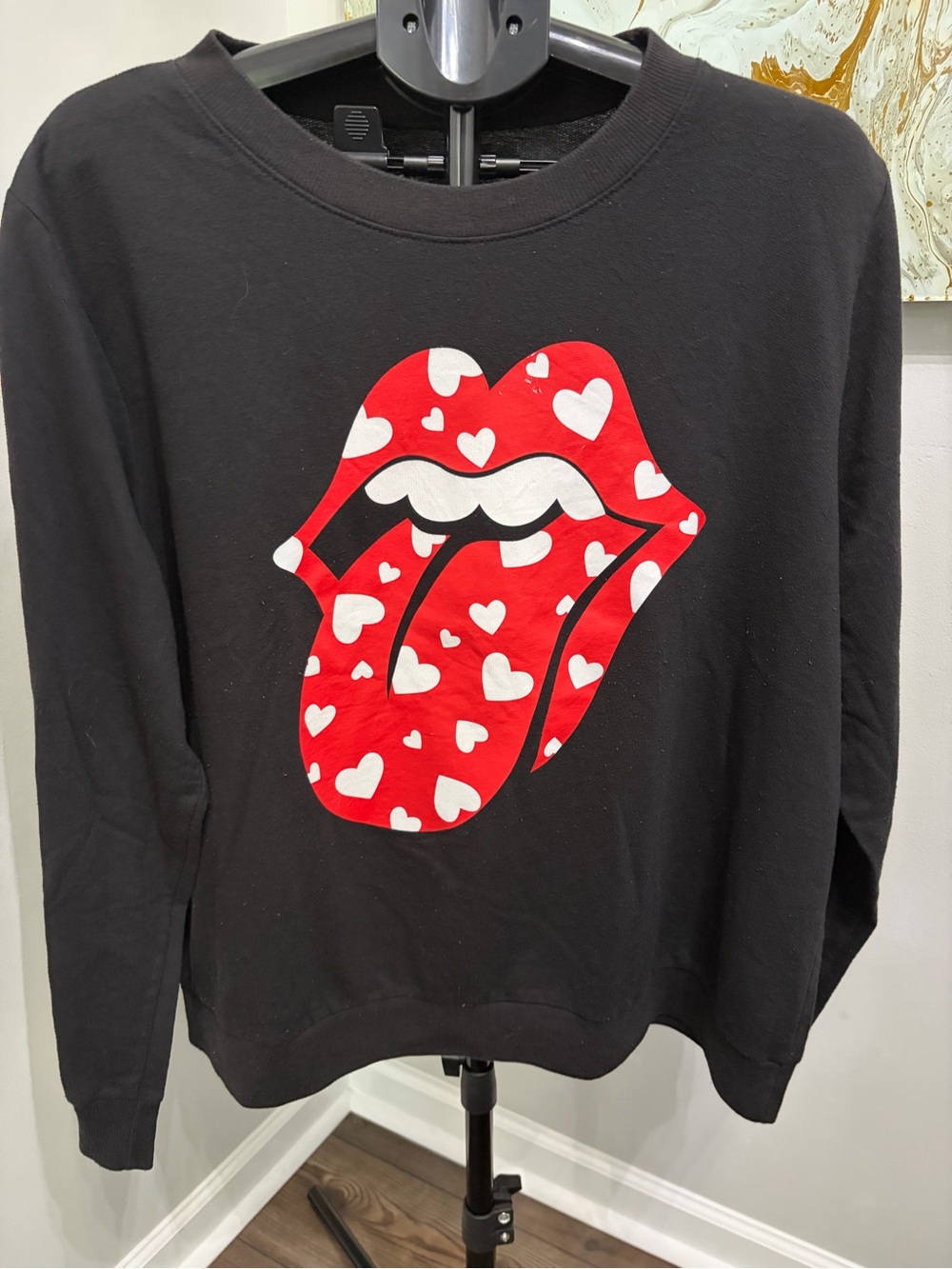 the Rolling Stones Black Crewneck Sweater with Red Heart Tongue Graphic